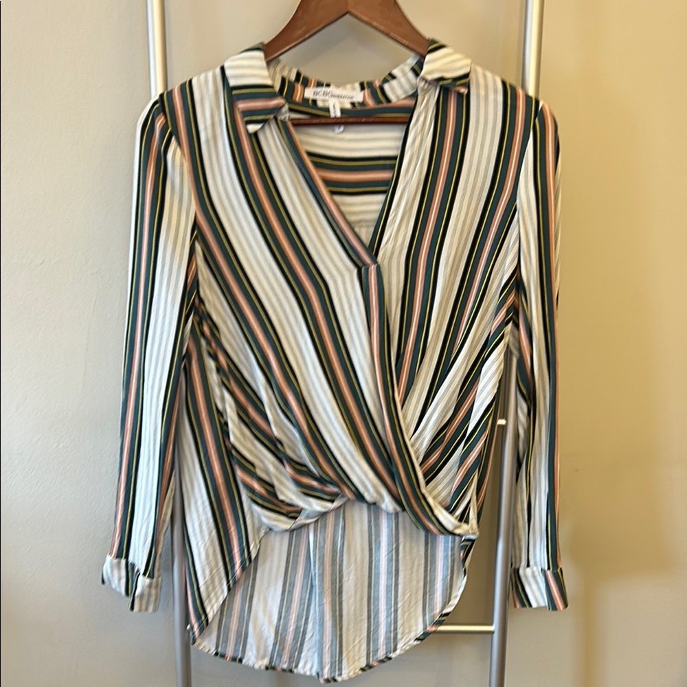 BCBG Striped Wrap Blouse with V-Neck Collar Long in Back